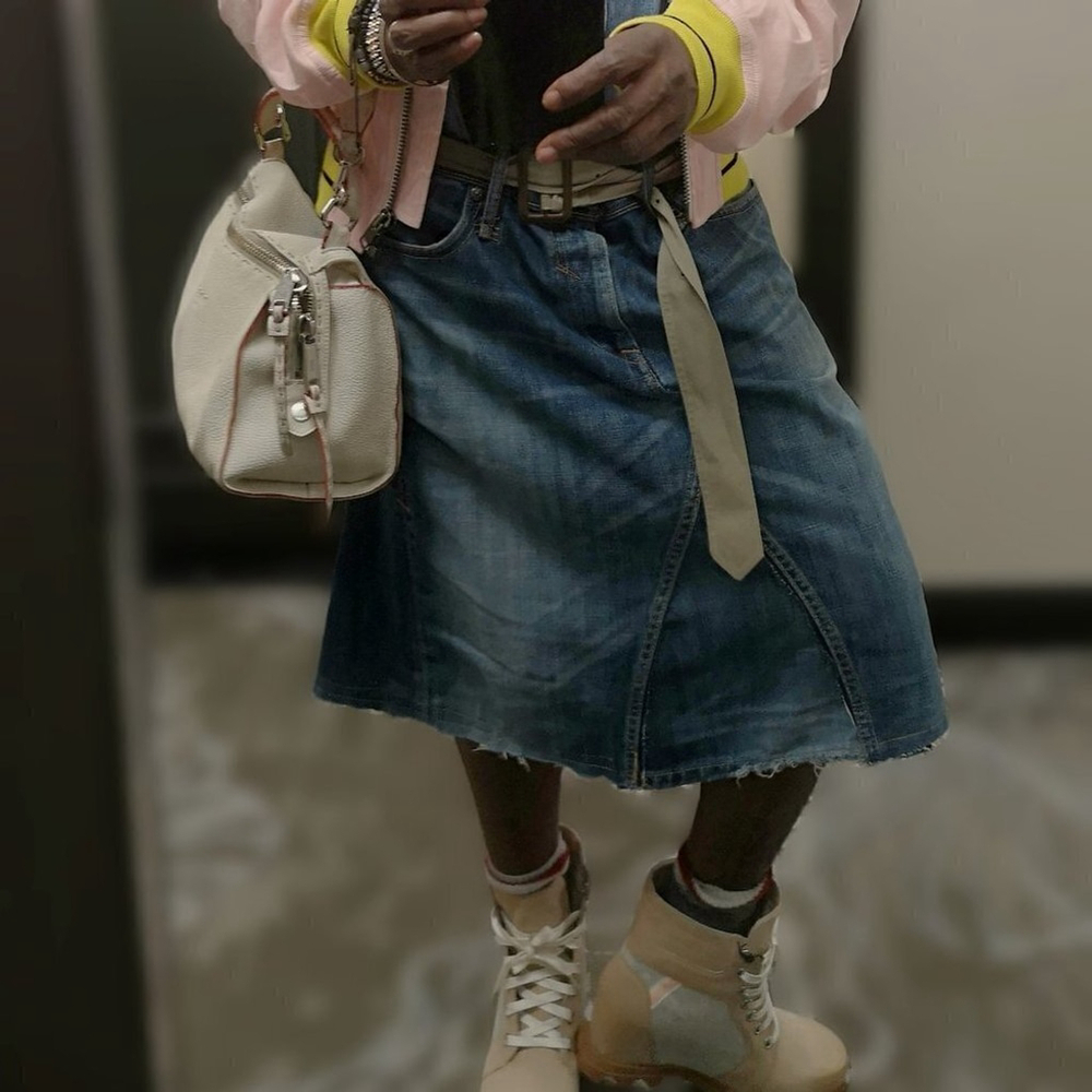 NEO-VINTAGE Eco-lux vir-go' deconstructed patchwork asymmetric denim jean skirt